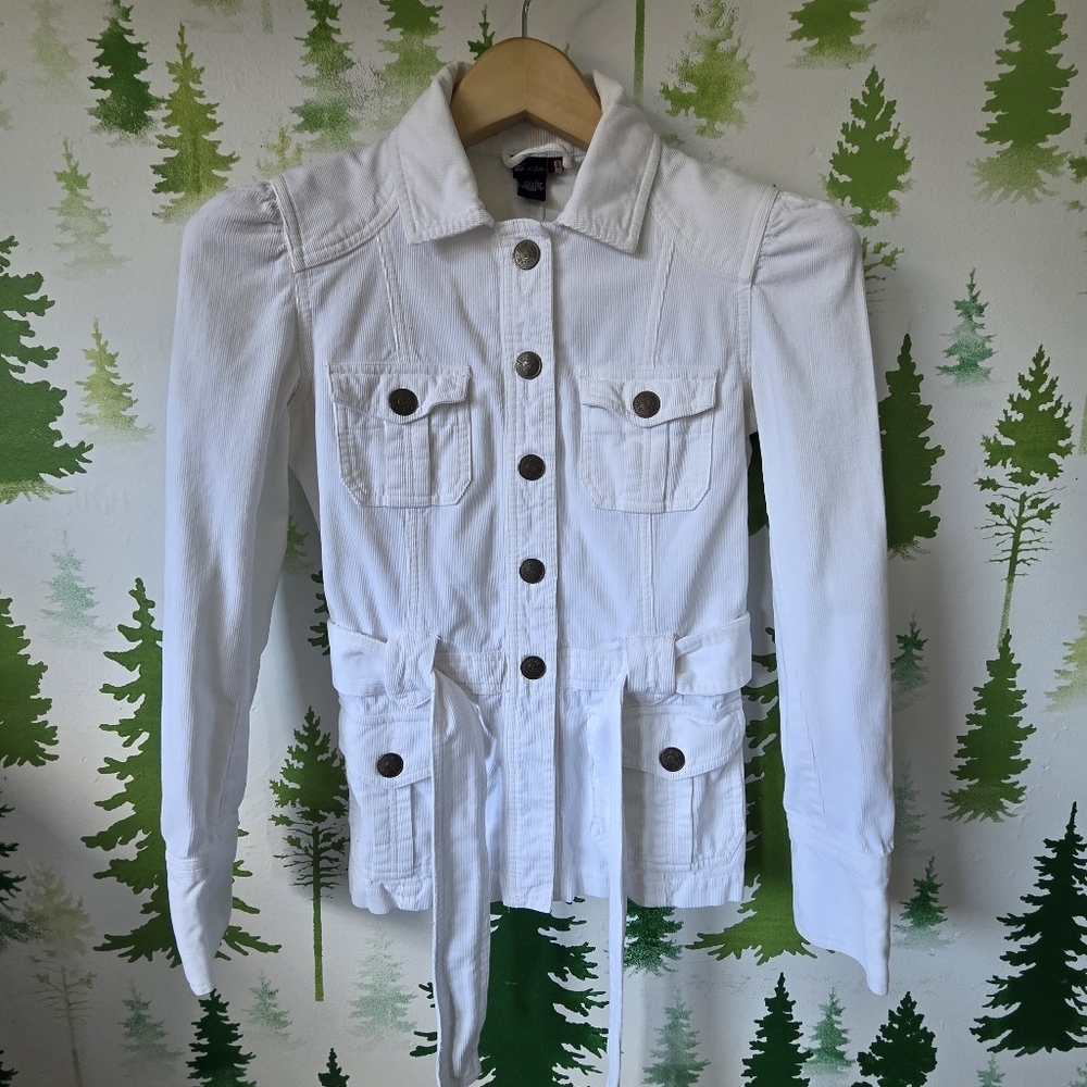 Split White Corduroy Utility Jacket with Button Details